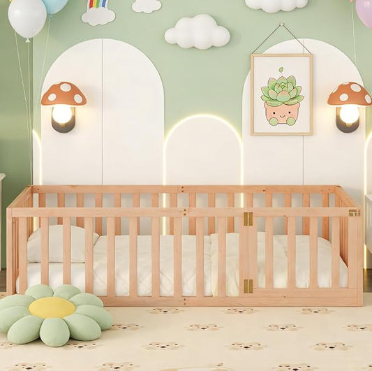 Bellemave Twin Size Montessori Floor Bed with 21.7" High Rails, Pine,Plywood Floor Bed with Small Door, Natural
