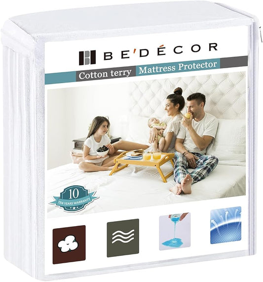 Bedecor Full XL Waterproof Mattress Protector,Soft Cotton Terry Fitted Cover for Pregnant Women and Incontinence, Fits 9-18 Inch Deep Pocket