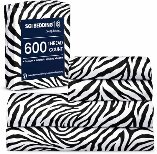 SGI bedding 100% Egyptian Cotton Sheets Twin XL Size – 600 Thread Count Sheets Set, Soft, Cooling, 15" Deep Pocket, Luxury Hotel Bedding, Breathable, Durable - Zebra Print
