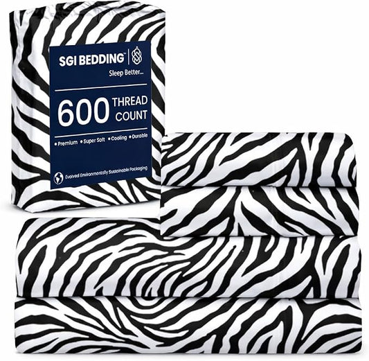 SGI bedding 100% Egyptian Cotton Sheets Full XL Size – 600 Thread Count Sheets Set, Soft, Cooling, 15" Deep Pocket, Luxury Hotel Bedding, Breathable, Durable - Zebra Print