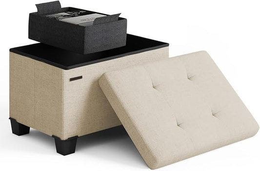 Storage Ottoman Cube with Small Bin, 16-in Square Ottoman with Storage for Living Room and Bedroom, Small Ottomans Foot Rest, Fabric Foot Stools Ottomans Max 330lbs, Beige