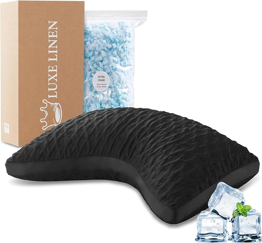 Cooling Sleeper Pillow for Neck and Shoulder Pain, Luxury Adjustable Shredded Memory Foam Curved Gusseted Crescent Pillow for Side and Back Sleepers, Black Cool Washable Cover, Queen Size for Home Bed