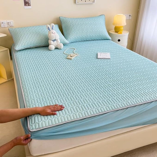 FCLDESHOP Elastic All Around,Solid Color Latex Sheet Mat Fitted Sheets, Summer Ice Box Spring Mattress Cover Bedding Sheets Pillowcase,Blue,90cm*200cm (2pcs)