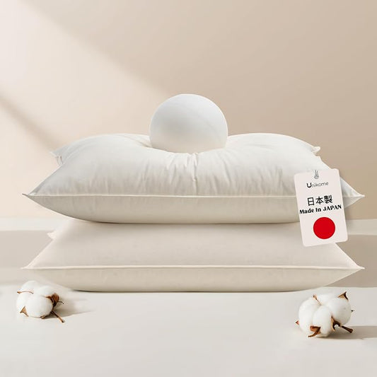 UNIKOME White Goose Down Feather Pillows - 100% Organic Cotton Cover - Standard Size Pillow Set of 2, Made in Japan Pillow for Sleeping
