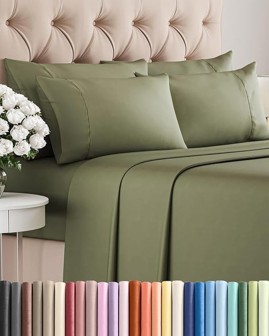 Cal King 6 Piece Sheet Set - Comfy, Breathable & Cooling - Soft Hotel Luxury Bedding for Women, Men, Kids, Teens and Children - 1 Flat & 1 Fitted Sheet & 4 Pillowcases with Deep Pockets - Sage Green