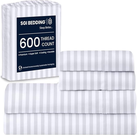 SGI bedding 100% Egyptian Cotton Sheets Full Size – 600 Thread Count Sheets Set, Soft, Cooling, 15" Deep Pocket, Luxury Hotel Bedding, Breathable, Durable - White Stripe