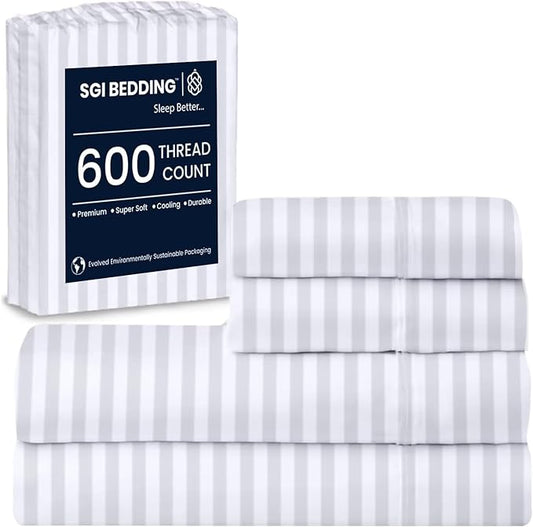 SGI bedding 100% Egyptian Cotton Sheets Full XL Size – 600 Thread Count Sheets Set, Soft, Cooling, 15" Deep Pocket, Luxury Hotel Bedding, Breathable, Durable - White Stripe