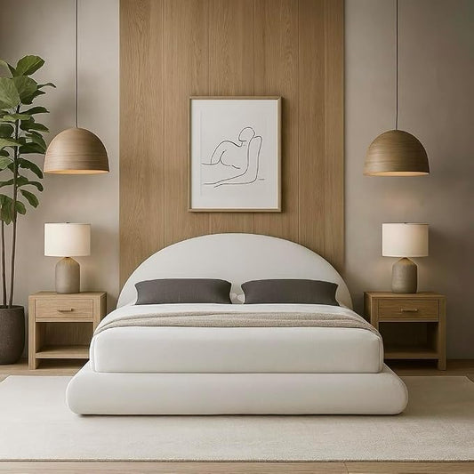 Round Bed – Washable Zip Cover - Upholstered Linen Soft Foam - Modular Minimalist Modern - Half Circle Moon - Sold Sold Separately (White Linen, Queen Base)