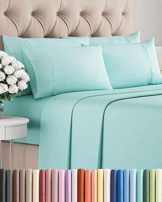 Cal King 6 Piece Sheet Set - Comfy Breathable & Cooling - Hotel Luxury Bedding for Women, Men, Kids, Teens & Children - 1 Flat & 1 Fitted Sheet & 4 Pillowcases w/ Deep Pockets, Wrinkle Free - Spa Blue