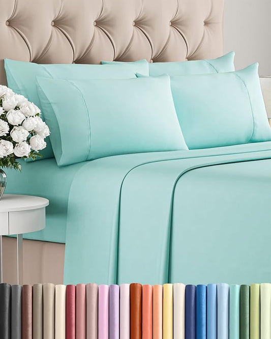 Full 6 Piece Sheet Set - Comfy, Breathable & Cooling - Hotel Luxury Bedding for Women, Men, Kids, Teens and Children - 1 Flat & 1 Fitted Sheet & 4 Pillowcases w/ Deep Pockets - Wrinkle Free - Spa Blue