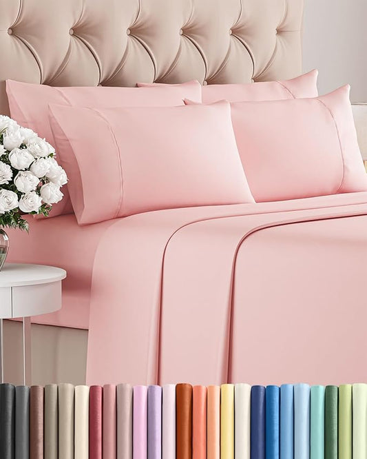 King 6 Piece Sheet Set - Comfy, Breathable & Cooling - Hotel Luxury Bedding for Women, Men, Kids, Teens & Children - 1 Flat & 1 Fitted Sheet & 4 Pillowcases w/ Deep Pockets - Wrinkle Free - Baby Pink