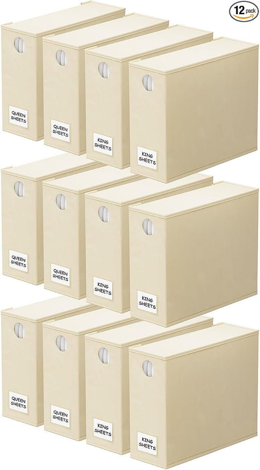 SpaceAid 12 Pack Bed Sheet Organizers and Storage, Foldable Organizer for Linen Closet, Set Folder Keeper With Window XL (Queen & King Size) Bedding Container (Beige)