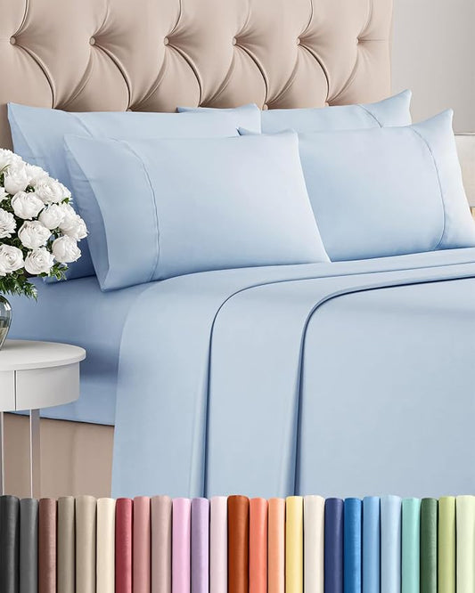 Full 6 Piece Sheet Set - Comfy, Breathable & Cooling - Hotel Luxury Bedding for Women, Men, Kids, Teens and Children - 1 Flat & 1 Fitted Sheet & 4 Pillowcases w/ Deep Pockets - Wrinkle Free - Sky Blue