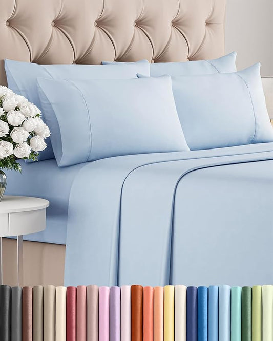 Queen 6 Piece Sheet Set - Comfy, Breathable & Cooling - Hotel Luxury Bedding for Women, Men, Kids, Teens & Children - 1 Flat & 1 Fitted Sheet & 4 Pillowcases w/ Deep Pockets - Wrinkle Free - Sky Blue