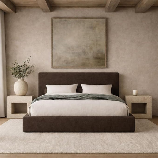 Square Bed – Washable Cover - Soft Upholstered Linen - Minimalist Modern - Sold Separately(Brown Linen, King Headboard)