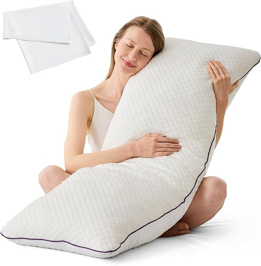 HOMELAB Cooling Adjustable Body Pillow (20x54) with White Bamboo Viscose Pillowcase Bundle, Full Body Support for Side Sleepers, Back, Hip & Knee Comfort, Shredded Memory Foam & Washable Cover