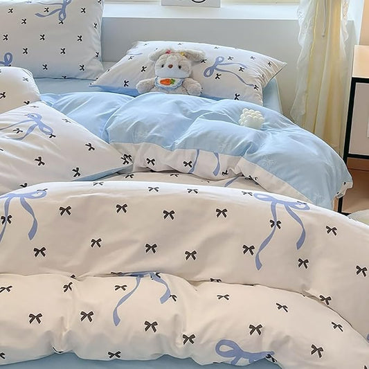 Nayoroom Blue Bow Duvet Cover Queen Size Reversible Blue Duvet Cover 3 Pieces Soft Lightweight Microfiber Kids Girls Cute Aesthetic Dorm Bedding Set