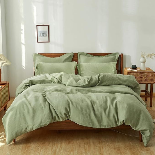 Simple&Opulence 100% Washed Linen Duvet Cover Set 5pcs(1 Duvet Cover& 2 Shams& 2 Pillowcases) Basic Style Natural French Flax Soft Breathable Farmhouse Bedding (Queen, Sage Green)