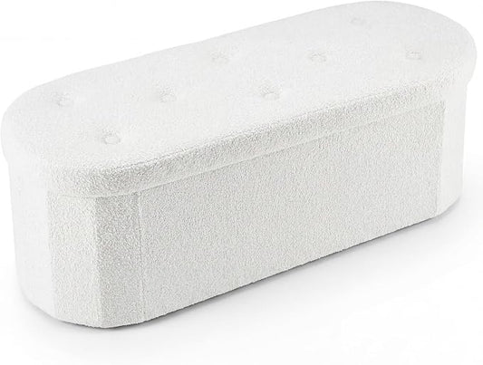 DUMOS Folding Storage Ottoman Bench, Oval Round Ottoman End of Bed Foot Rest Bench Stool with Cushion, Storage Chest for Bedroom, Living Room, Entryway, Dorm, Teddy Fabric, White