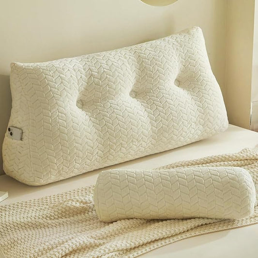 YOUR MOON Wedge Headboard Pillow Twin Size, Triangular Wedge Backrest Pillow with 1 Pack Neck Roll Pillows, Headboard Pillow for Bed,Daybed,and Lounging, Large Bed Bolster Pillows,Off White