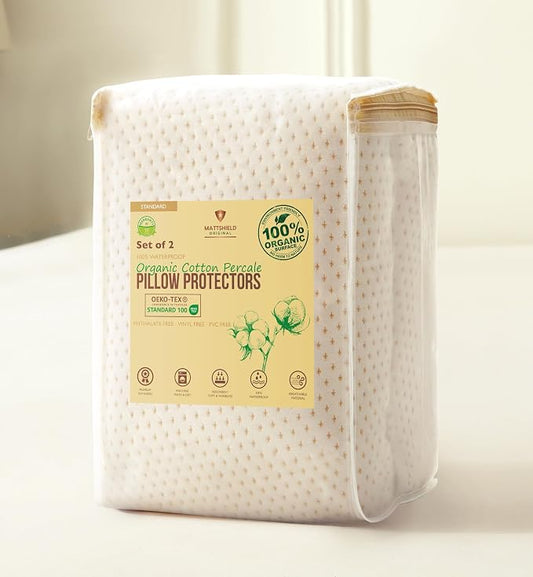 2-Pack Deluxe Cooling Organic Pillow Protectors Standard Size – Organic Cotton Percale, Waterproof & Breathable Zippered Encasements, Crisp & Breathable Feel, OCS Blended & Oeko-TEX Certified