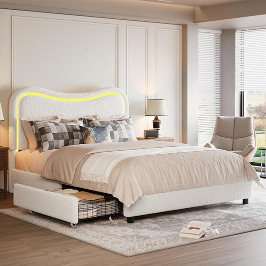 GarveeHome LED Full Size Bed Frame with 2 Drawers and Headboard, Cute Upholstered Bed with Storage, Sturdy Platform Bed, No Box Spring Needed, Wooden Slats, Noise Free, White