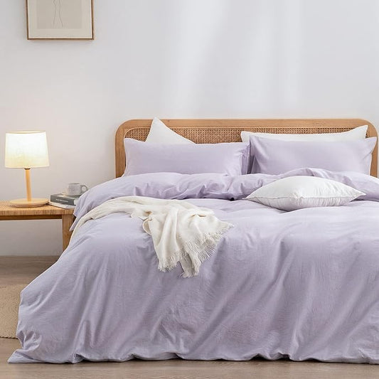 BESTOUCH Duvet Cover Set 100% Washed Cotton Linen Feel Super Soft Comfortable Chic Lightweight 3 PCs Home Bedding Set Solid Taro Purple Super Queen