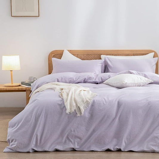 BESTOUCH Duvet Cover Set 100% Washed Cotton Linen Feel Super Soft Comfortable Chic Lightweight 3 PCs Home Bedding Set Solid Taro Purple Queen
