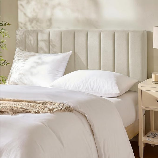 Hearth & Harbor Upholstered King Headboard - Easy Assemble Channel Stitched Headboard King Size Bed - Wall Mounted Headboards with 3D Soundproof Wall Panels Peel & Stick Floating Headboards, Linen