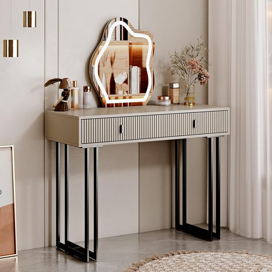 Ieejdn Morandi Gray Vanity Desk with Mirror and Lights,Small Makeup Vanity with 2 Drawers，Modern Makeup Table with Adjustable Cabinet for Bedroom,Makeup Room