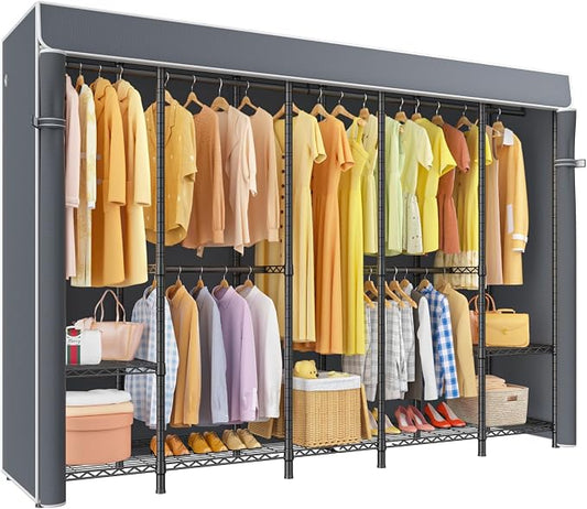 ULIFHOME H50C Extra Large Clothes Rack with Cover, Freestanding Portable Closet, Covered Clothing Racks for Hanging Clothes, Heavy Duty Garment Rack, Wardrobe Closet with Gray Cover Max Load 1350 Lbs