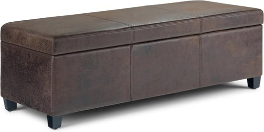 SIMPLIHOME Avalon Storage Ottoman Bench - 48" Wide x 16" High Upholstered Vegan Leather Rectangular Lift-Top Ottoman in Distressed Brown, Contemporary Bench for Living Room with High-Density Foam