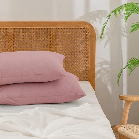 BESTOUCH 100% Washed Cotton Pillowcase for Hair and Skin Linen Feel Soft Comfortable Breathable 2 Set Pillow Case with Envelope Closure Solid Red Pink Standard 20x26 Inches