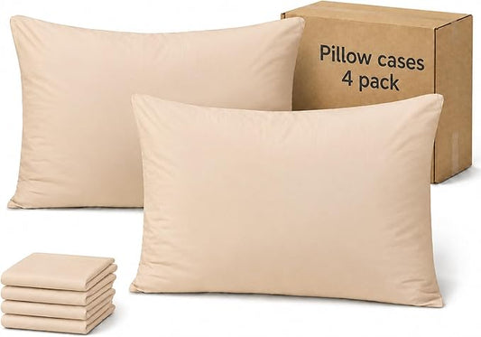 ZPECC Pillow Cases Standard Size Set of 4, 20x26 Envelope Closure Pillowcases, Soft Plain Brushed Microfiber Covers Hypoallergenic Breathable, Beige