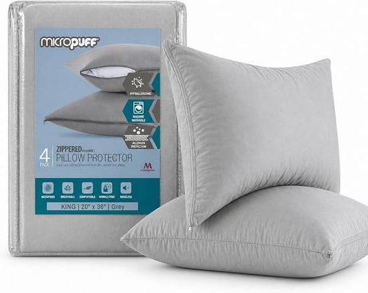 Micropuff Grey King Size Pillow Protectors with Zipper - 4 Pack - Soft and Breathable Hypoallergenic Pillow Cover. Pillowcase Protects Against Stains, Spills, and Perspiration. (20 x 36)
