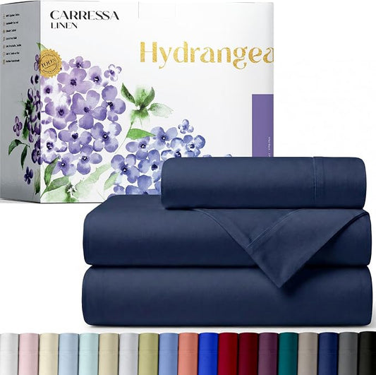 Carressa Linen 100% Egyptian Cotton Twin Sheets Set - 600 Series Hydrangeas Collection Egyptian Cotton Luxury Twin Sheets (3 PC, Navy Blue), 16" Deep Pocket, Soft, Cooling, Sateen Weave Bedding
