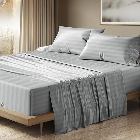 THREAD SPREAD 100% Egyptian Cotton Damask Sheets Queen Size - Luxury 1500 Series Queen Sheet Set Egyptian Cotton (4 PC, Silver Stripe), Soft, Sateen, Cooling & Breathable, 17" Deep Pocket Bed Set