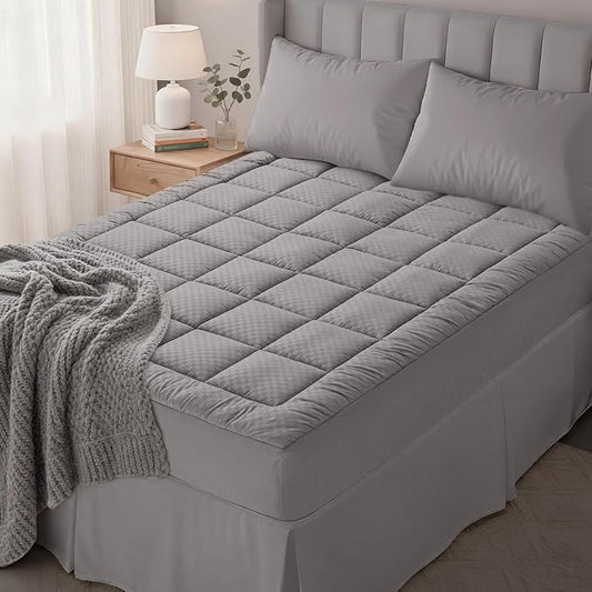 OLANLY Full Quilted Fitted Mattress Pad, Elastic Fitted Mattress Topper, Cooling Soft Mattress Cover Stretches up to 21 Inches Deep, Machine Washable Mattress Protector (54x75 inch, Light Grey)