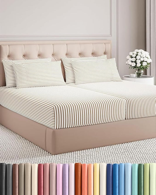 Split King 7 Piece Sheet Set - Comfy, Breathable & Cooling - Hotel Luxury Bedding for Women, Men, Kids, Teens & Children - 1 Flat & 2 Fitted Sheets & 4 Pillowcases w/ Deep Pockets - Beige Stripes 2