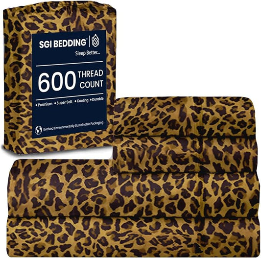 SGI bedding 100% Egyptian Cotton Sheets RV King Size – 600 Thread Count Sheets Set, Soft, Cooling, 15" Deep Pocket, Luxury Hotel Bedding, Breathable, Durable - Leopard Print