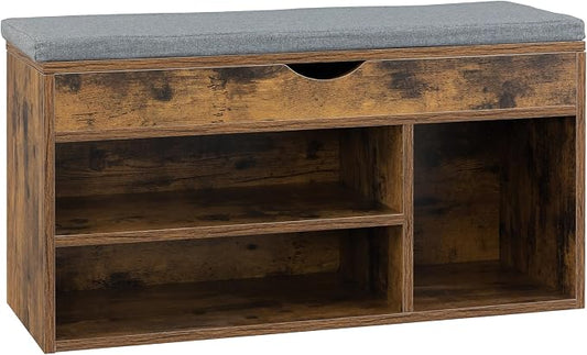 WellFurGeer Shoe Bench with Storage, Entryway Bench with Shoe Storage, Shoe Rack with Bench, Shoe Storage Bench with Padded Cushion, Brown + Gray