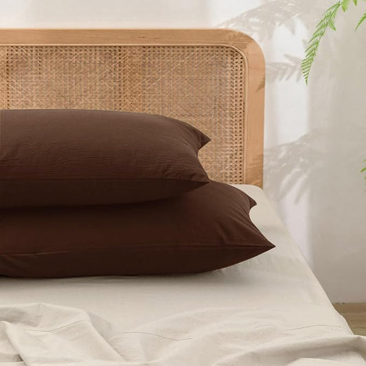 BESTOUCH 100% Washed Cotton Pillowcase for Hair and Skin Linen Feel Soft Comfortable Breathable 2 Set Pillow Case with Envelope Closure Solid Cocoa Brown Queen 20x30 Inches