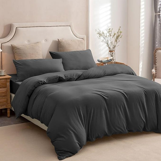 PURE ERA Jersey Knit Duvet Cover Set 100% T-Shirt Cotton Super Soft Comfy 3pc Bedding Set with Zipper Closure (Solid Deep Grey, Queen, 90"X90")
