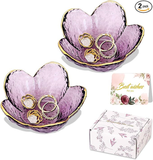 Gifts for Women Purple Flower Jewelry Dish Glass Ring Holder Decorative Jewelry Tray Cute Vanity Room Decor Aesthetic Nightstand Bathroom Decor Trinket Dish Friendship Birthday Christmas Gifts (2pcs)