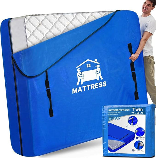 Mattress Bags for Moving, BETU Mattress Protector Waterproof Mattress Cover Twin Size Storage Bags with 8 Heavy-Duty Handles and Zipper for College Bed Extra Thick Large(2 Pack, 77"x42"x15" Blue)