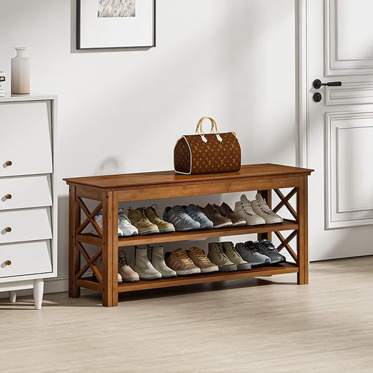 Bamworld Shoe Rack Bench with Storage 3 Tier Bamboo Shoe Bench Entryway Rustic Solid Wood Entryway Bench (X-Brown,39.4")