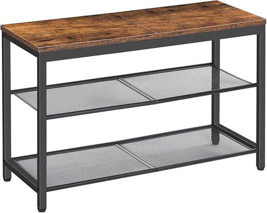 HOOBRO Shoe Bench, 3-Tier Shoe Rack, Industrial Shoe Organizer Storage Bench, 29.5 inches Entry Bench with Mesh Shelves, for Entryway, Living Room, Hallway, Easy Assembly, Rustic Brown BF75HX01