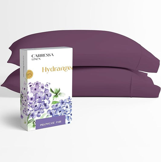 Carressa Linen 100% Egyptian Cotton Pillow Cases Queen Size Set of 2 - Luxury 600 Series Hydrangeas Collection Queen Size Pillowcases (Plum), Cooling Sateen Weave Hotel Quality Bed Pillow Cover