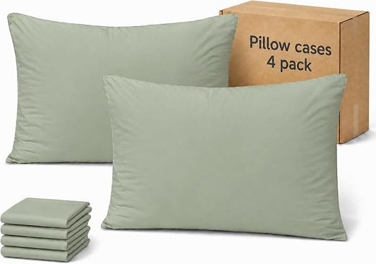 ZPECC Pillow Cases King Size Set of 4, 20x36 Envelope Closure Pillowcases, Soft Plain Brushed Microfiber Covers Hypoallergenic Breathable, Sage Green