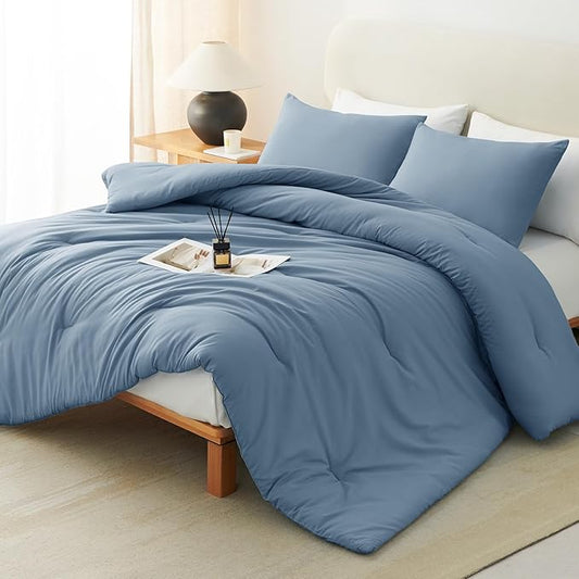 CozyLux Grayish Blue Full Size Comforter Set, 3 Pieces Dusty Blue Solid Breathable Quilted Bedding Sets, Luxury Soft Bed Set with Down Alternative Comforter All Season (1 Comforter & 2 Pillowcases)